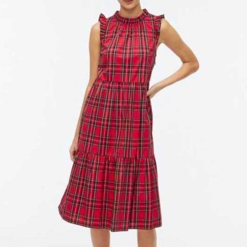 J.Crew Red Tartan Plaid Ruffle Tiered Midi Dress Size 4 Sleeveless Holiday